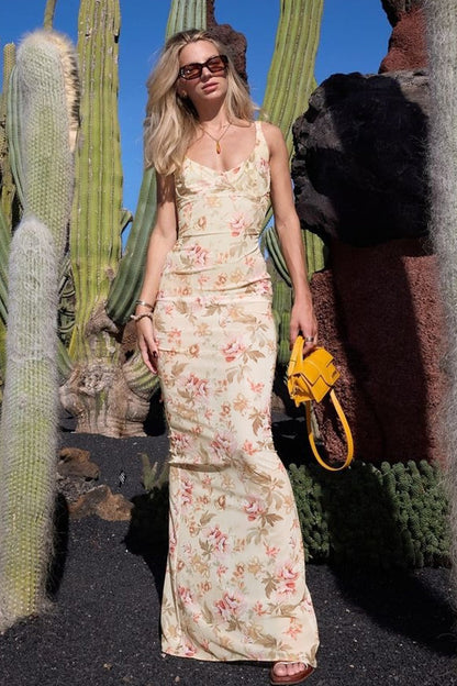 | Low Cut U-Neck Floral Print Slit Cami Maxi Dress