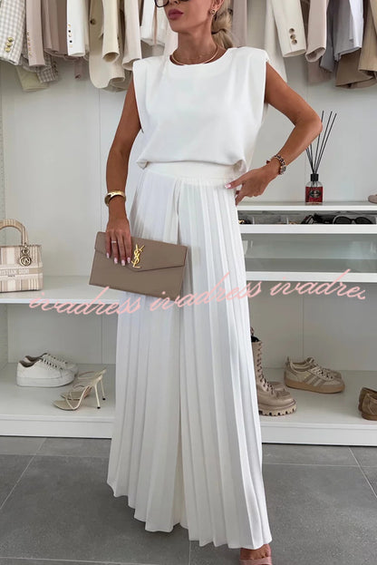 Fashionable Round Neck Shoulder Pads Top and Elastic Waist Pleated Wide-leg Pants Set