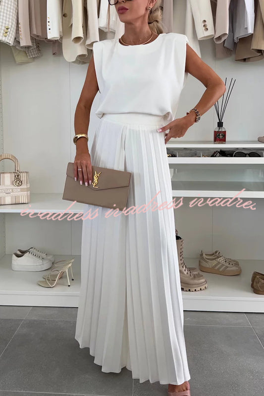 Fashionable Round Neck Shoulder Pads Top and Elastic Waist Pleated Wide-leg Pants Set