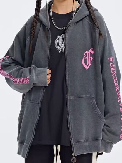 Distressed Contrast Color Embroidered Zip Up Oversized Hoodie