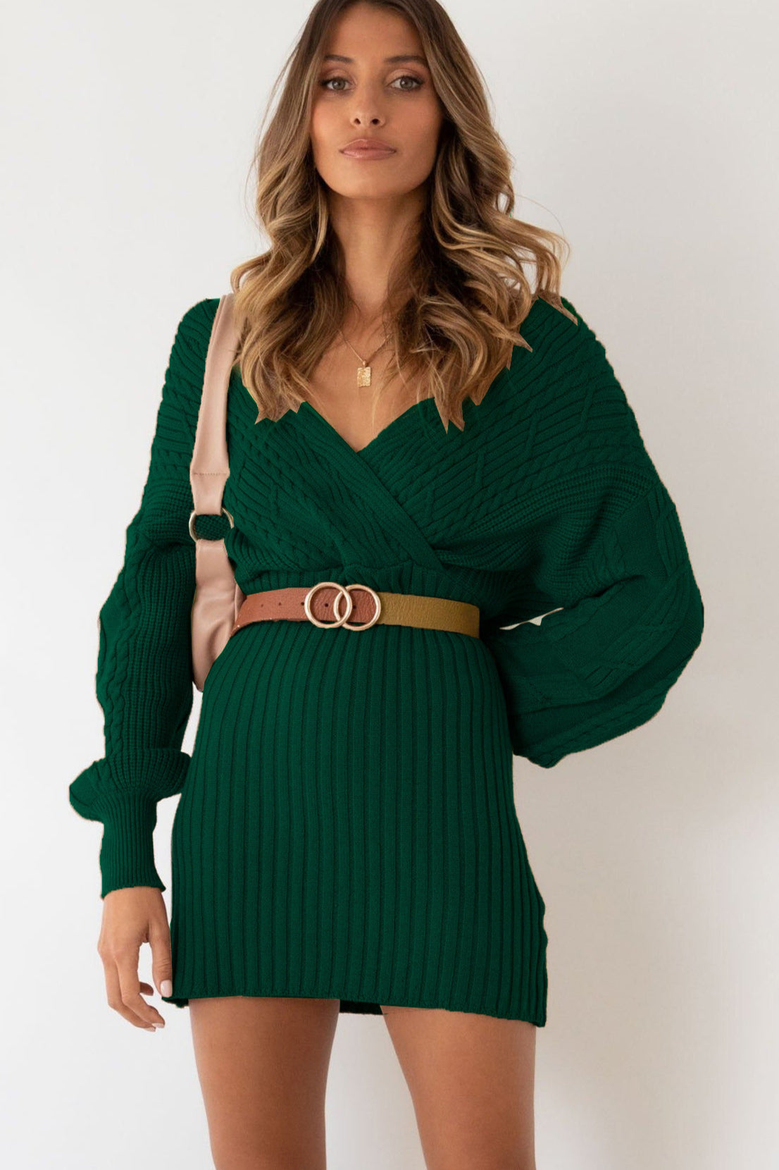 Cable Knit Wrap Front V-Neck Balloon Sleeve Ribbed Mini Sweater Dress