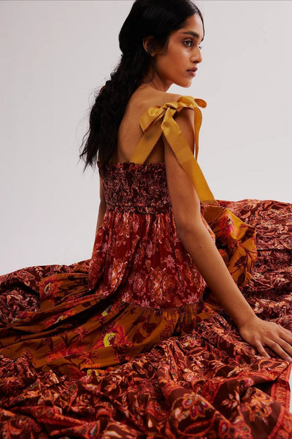 Smocked Sweetheart Neck Tie Shoulder Tiered Floral Paisley Maxi Dress