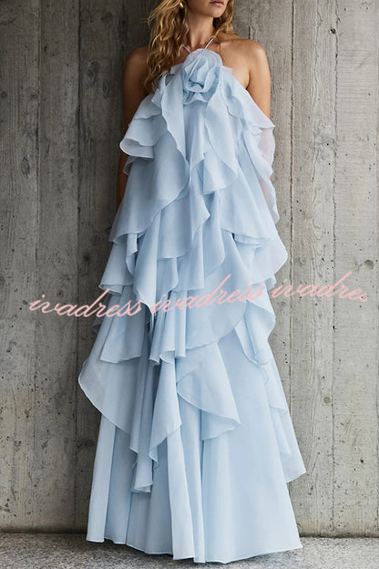 Free - Flowing Rose Detail Tiered Ruffles Halter A-line Maxi Dress