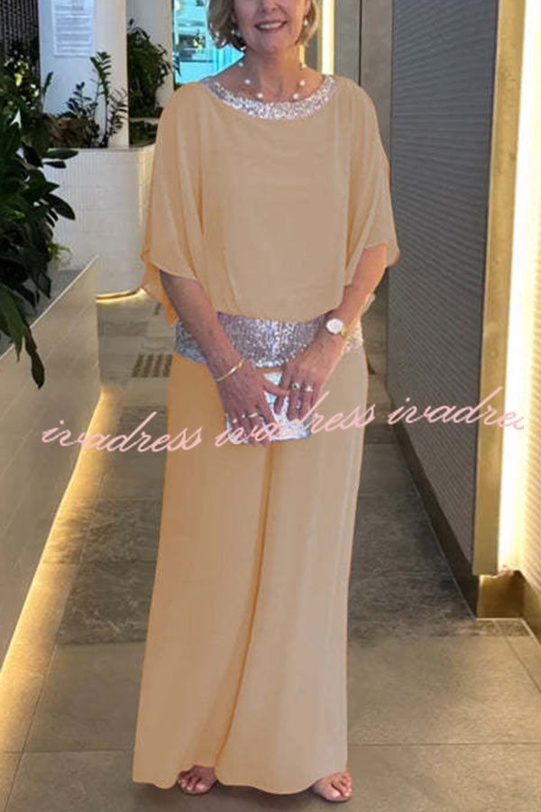Stylish Sequin Patchwork Dolman Sleeve Top and Elastic Waist Wide Leg Pants Set