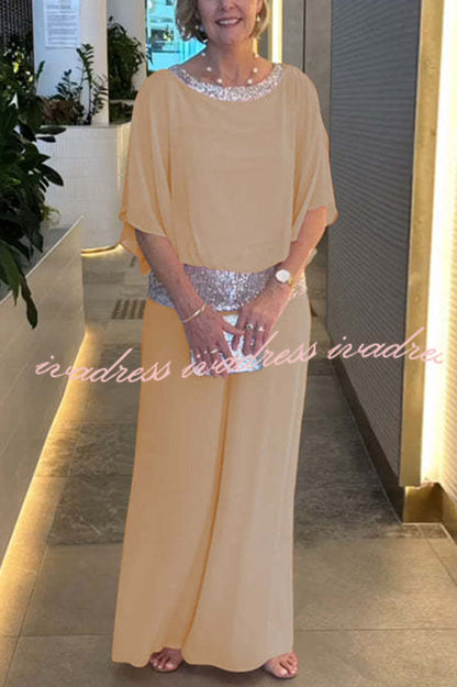 Stylish Sequin Patchwork Dolman Sleeve Top and Elastic Waist Wide Leg Pants Set
