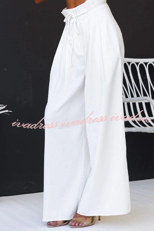 Gette Linen Blend Slit Front Top and High Rise Knoted Pocket Wide Leg Pants Set