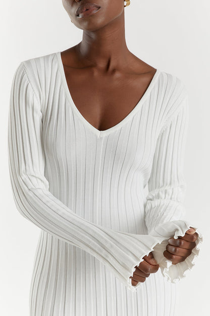 Rib Knit Deep V-Neck Long Sleeve Lettuce Hem Column Maxi Dress