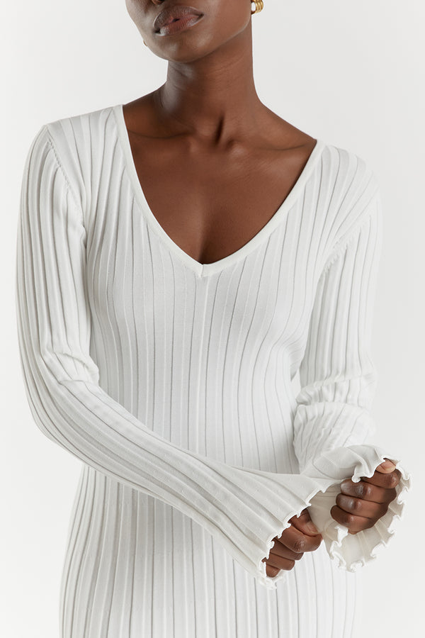 Rib Knit V-Neck Long Sleeve Lettuce Hem Column Maxi Dress