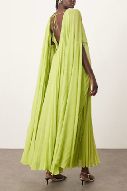 Spring Whispers Chiffon Pleated Wide Sleeve Volume Maxi Dress