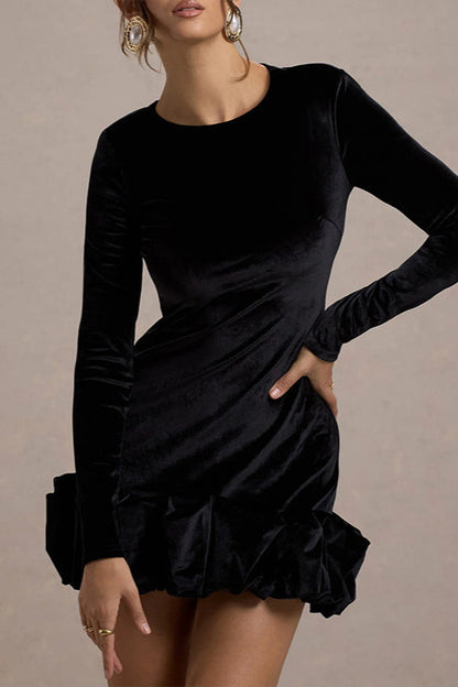 Crew Neck Long Sleeve Ruched Bubble Hem Velvet Mini Dress