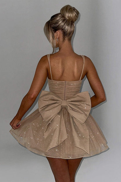 Sweetheart Neck Glitter Corset Bodice Back Bow A-Line Mini Dress
