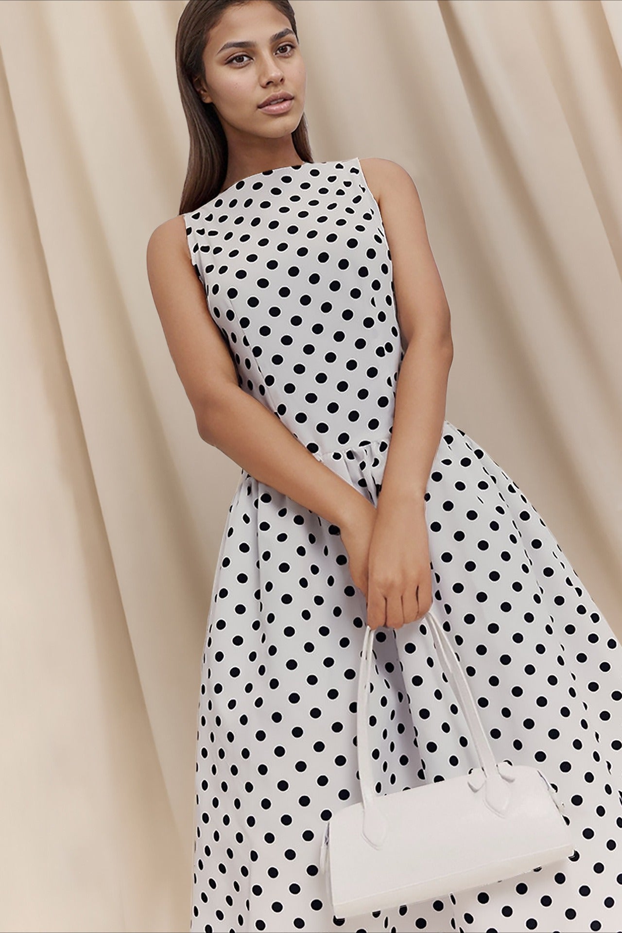 Polka Dot Print Boat Neck Sleeveless A-Line Midi Dress