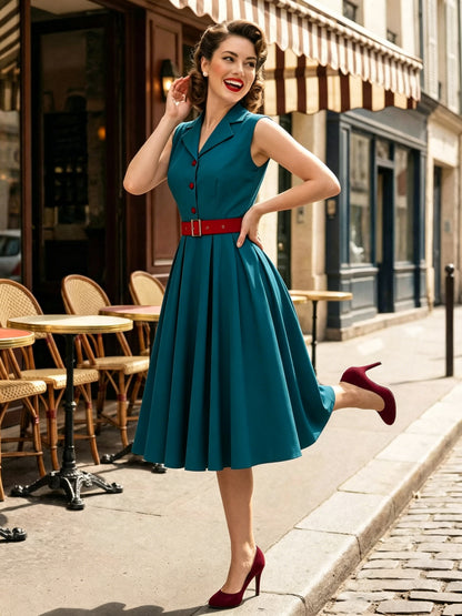 Women's 1950s Vintage Swing Dress Sleeveless Collared A-Line Tea Party Dress