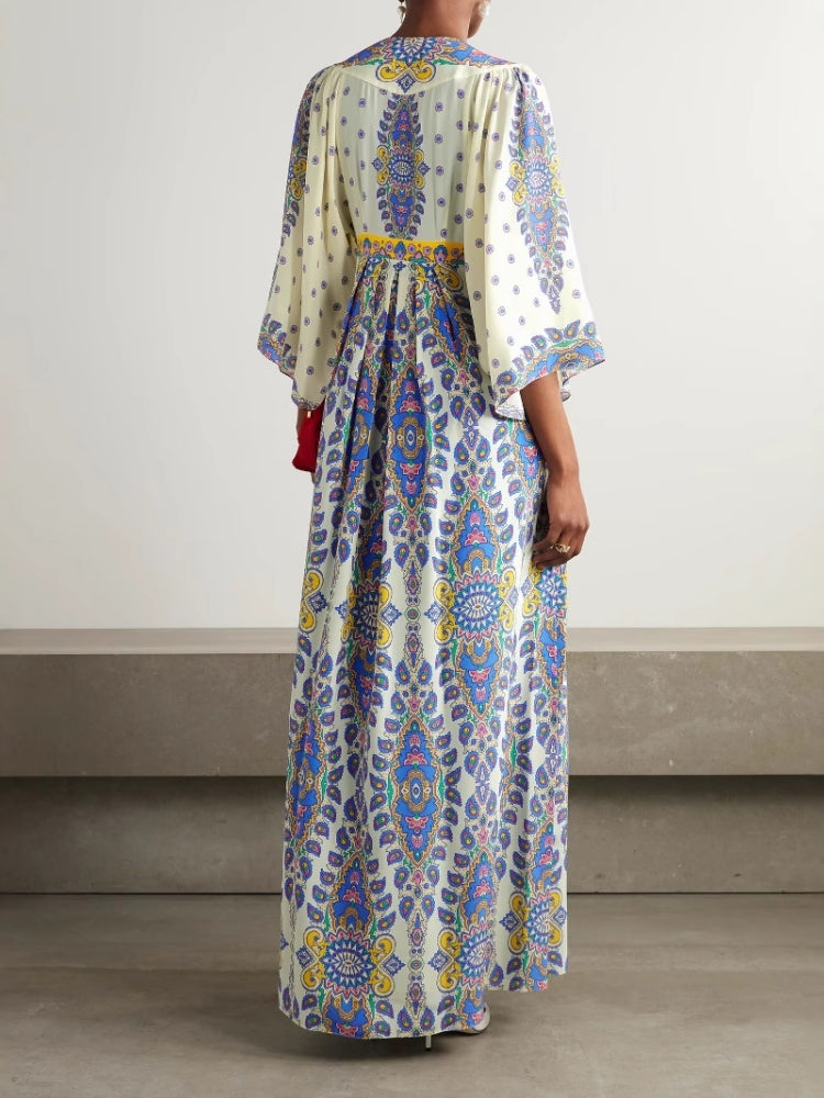 Deep V Neck Bell Sleeve Paisley Mandala Print Empire Waist Maxi Dress