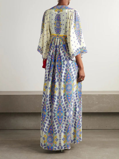 Deep V Neck Bell Sleeve Paisley Mandala Print Empire Waist Maxi Dress
