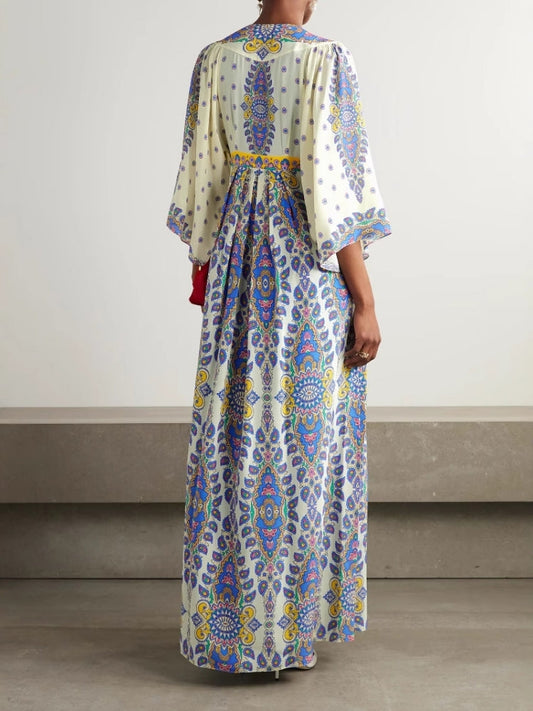 Deep V Neck Bell Sleeve Paisley Mandala Print Empire Waist Maxi Dress