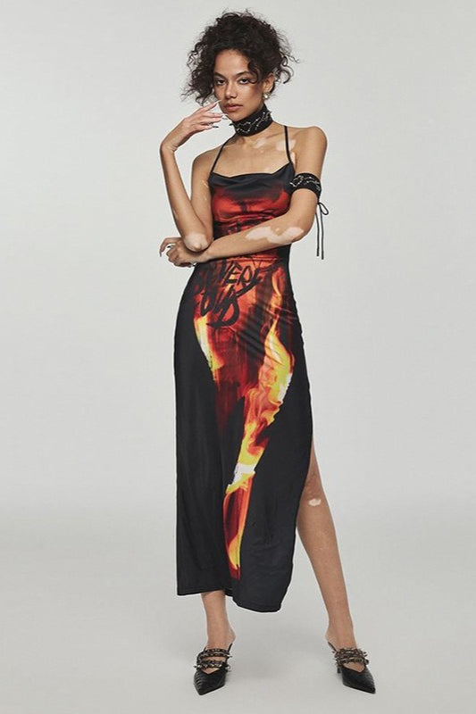 Cowl Neck Halter Strap Flame Graphic Print High Slit Maxi Dress