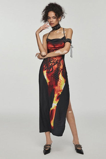 Cowl Neck Halter Strap Flame Graphic Print High Slit Maxi Dress