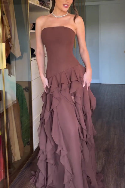 Elegant Sleeveless Off-shoulder Fitted Ruffled High Slit Maxi Dress