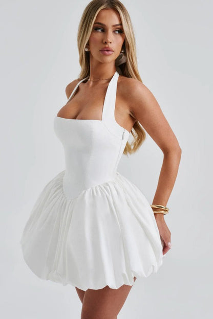 Halter Bow Back Corset Basque Waist Bubble Hem Mini Dress