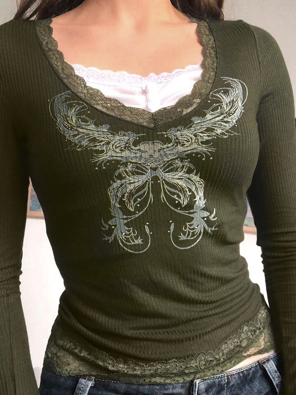 Vintage Graphic Print Lace Trim Splice Long Sleeve Knit