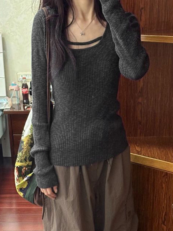 Solid Rib Slim Long Sleeve Knit