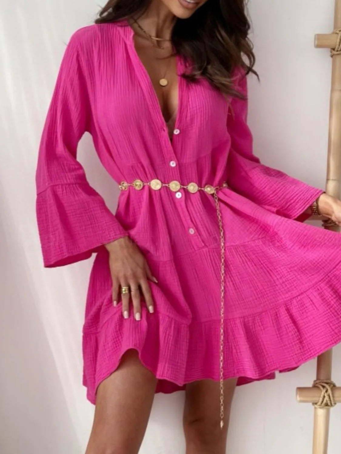Crinkled Gauze Mandarin Collar Button-Front Bell Sleeve Tiered Mini Dress