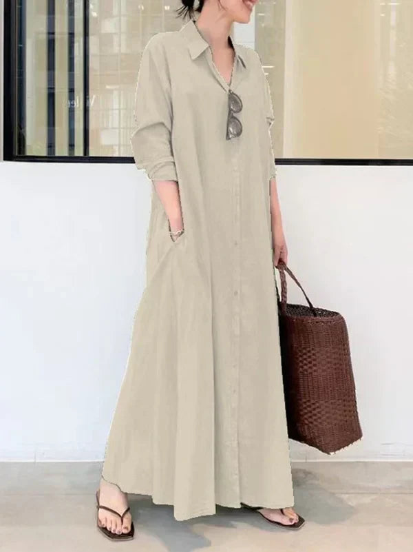 Oversized Button-Front Collared Long Sleeve Pocket Shirt Maxi Dress