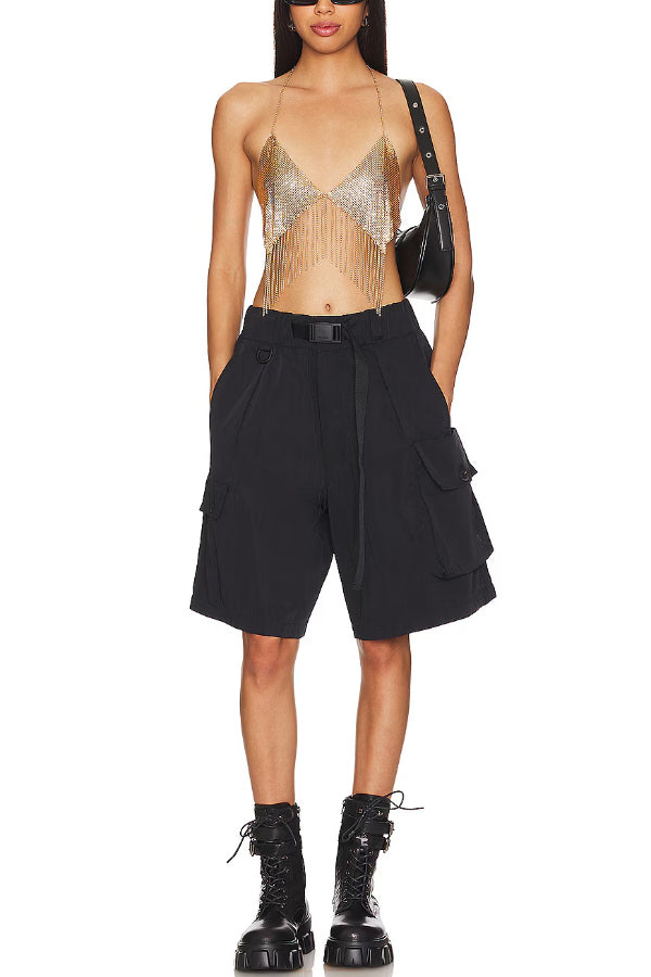 Stylish Gold Metal Chain Tassel Halter Tank Tops
