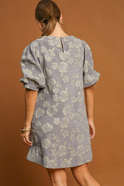 Floral Jacquard Metallic Thread Crew Neck Puff Sleeve Shift Mini Dress