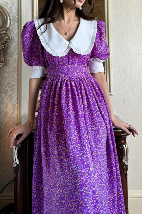 Ditsy Floral Peter Pan Collar Puff Sleeve Tie Waist Maxi Dress