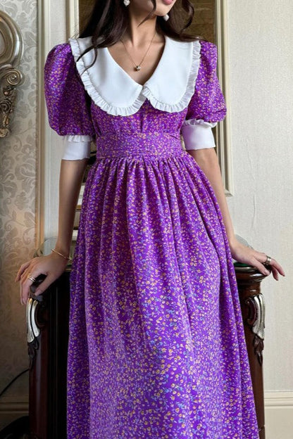 Ditsy Floral Peter Pan Collar Puff Sleeve Tie Waist Maxi Dress