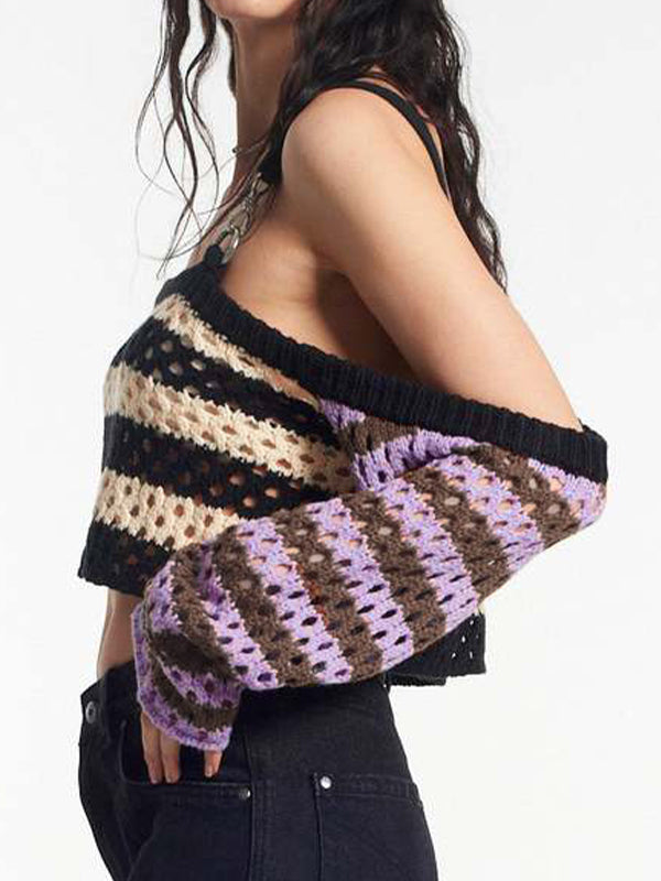 Cutout Contrast Color Splice Buckle Strap Crochet Top