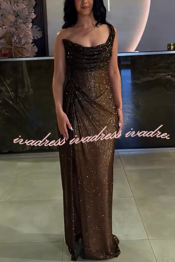 Glitzy Gala Glitter Fabric One Shoulder Ruched Slit Maxi Dress