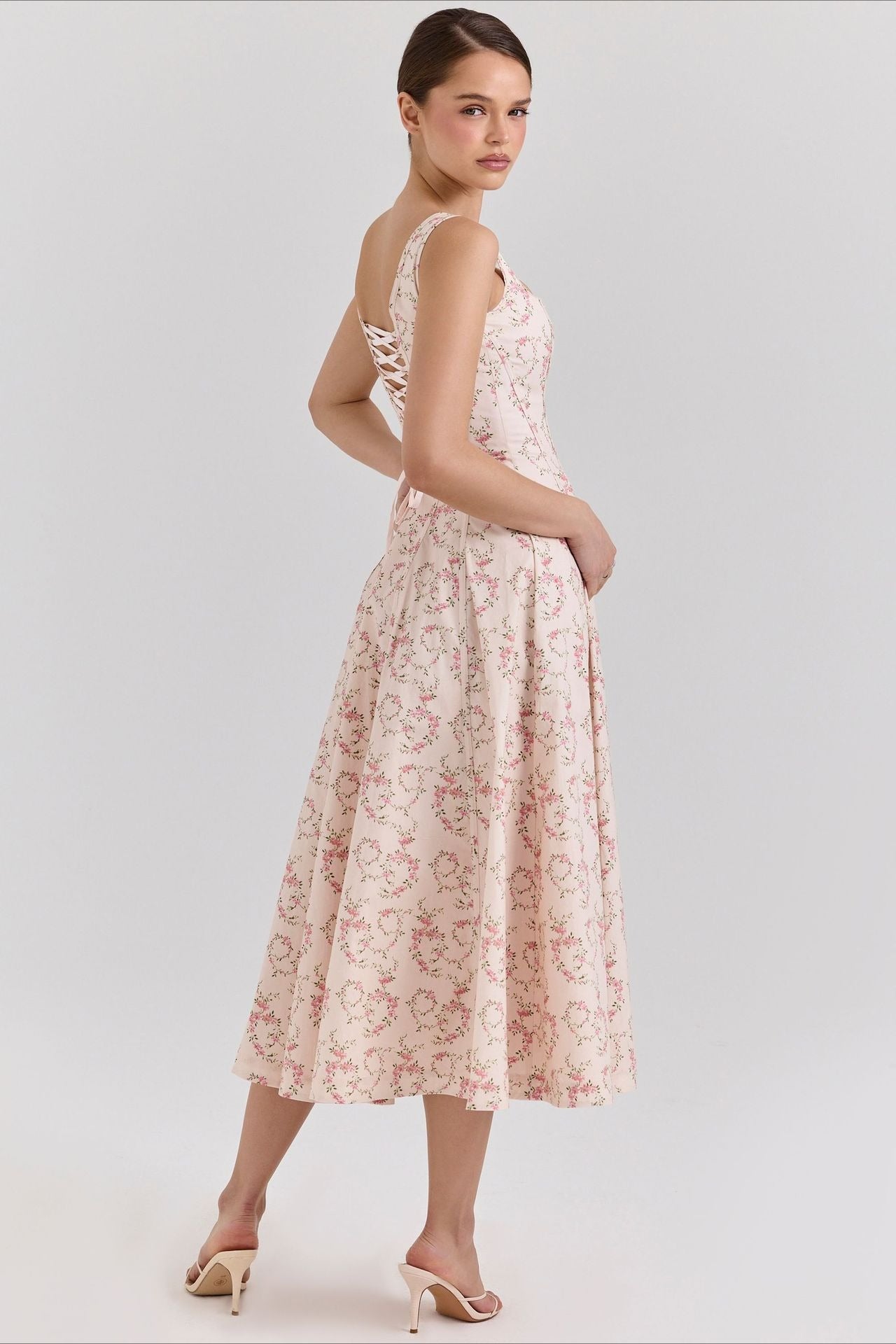 Square Neck Corset Bodice Floral Print Pocket Midi Dress