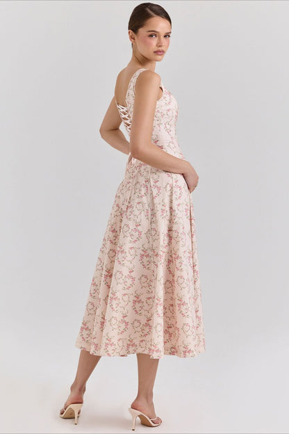 Square Neck Corset Bodice Floral Print Pocket Midi Dress