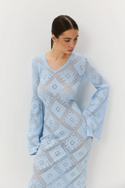 | Knit Argyle Jacquard Long Sleeve Maxi Dress