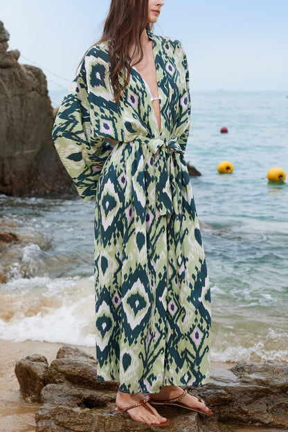 Unique Printed Loose Long-Sleeved Tie-Waist Holiday Extra-Long Cover-Up Robe