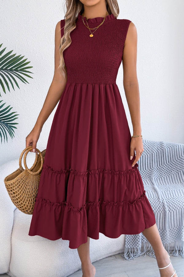 Solid Color Sleeveless Tucked Patchwork Casual Midi Dress