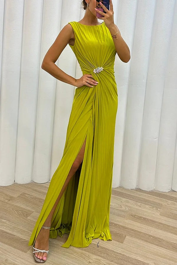 Pleated Round Neck Sleeveless Rhinestone Waist Gathered High Slit Maxi Gown