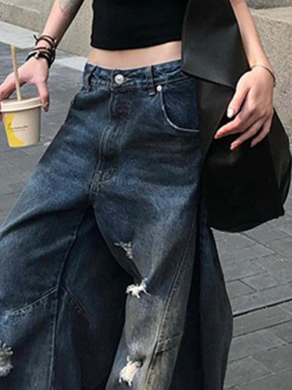 Retro Distressed Dirty Dyed Wide Legs Boyfriend Jeans