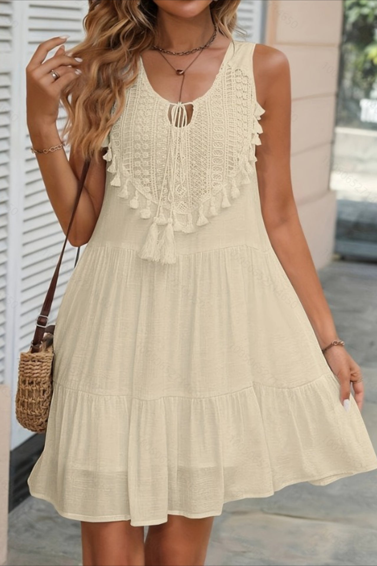 Crochet Lace Bib Tassel Tie Tiered Ruffle Babydoll Mini Dress