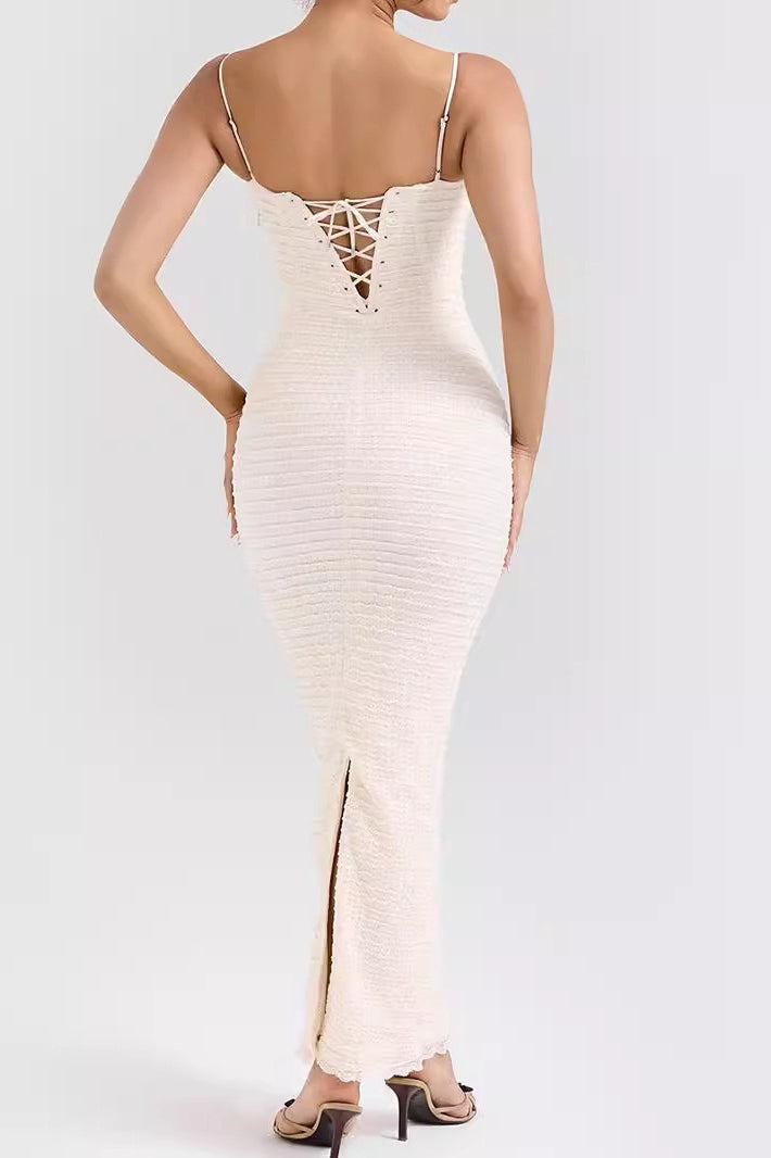 Sweetheart Corset Bodice Spaghetti Strap Ribbed Bodycon Maxi Dress