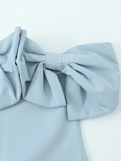 Off-Shoulder Double Bow Statement Neckline Structured Sheath Mini Dress