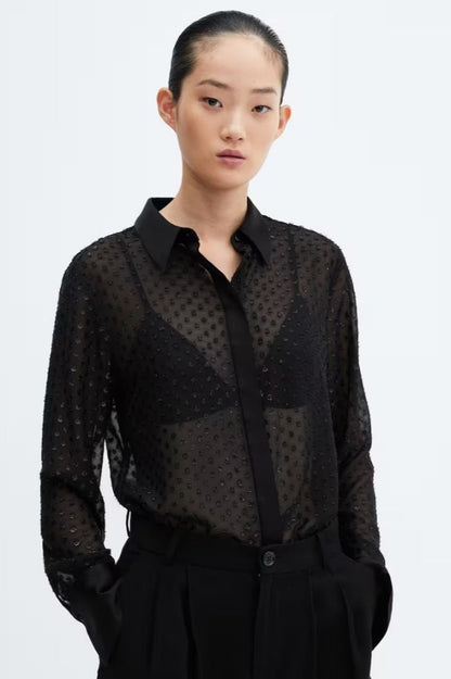 Chiffon Metallic Jacquard Sheer Loose Short Blouse