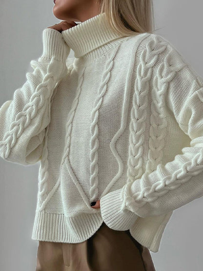 Solid Cable Knit High Neck Sweater