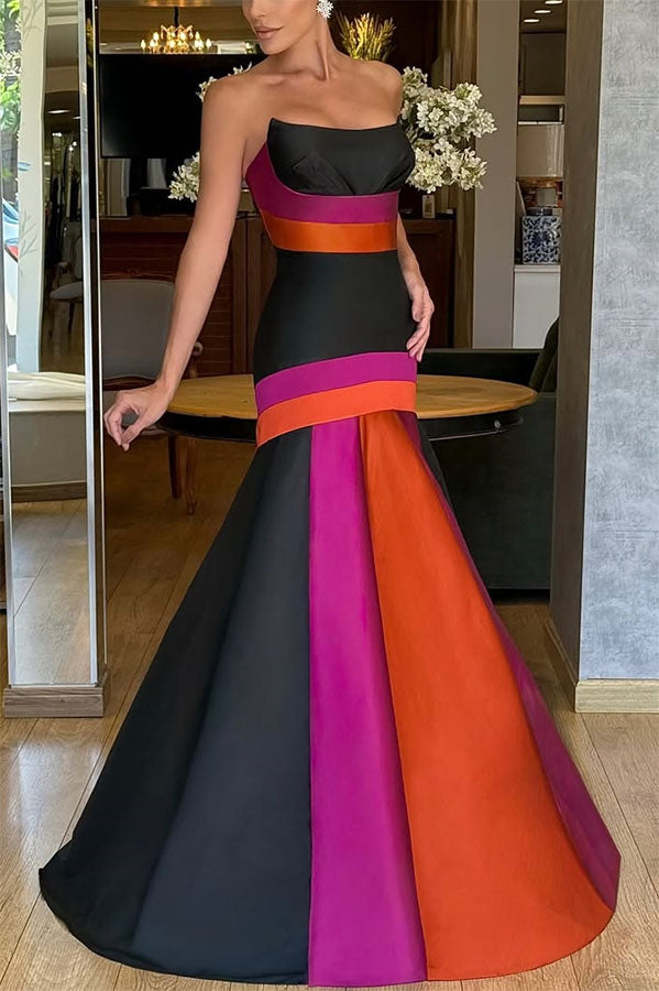Reina Satin Color-block Strapless Fishtail Flared Hem Porm Maxi Dress