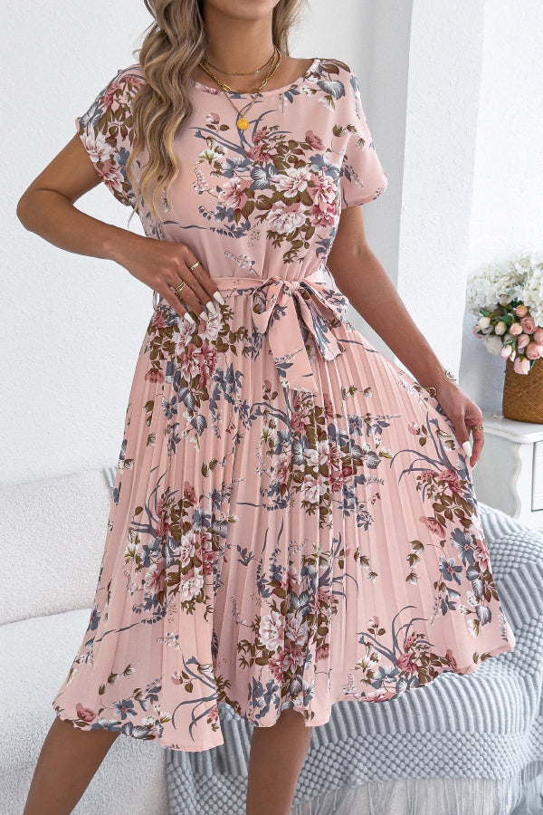 Floral Print Round Neck Fitted Waist Tie Pleated Midi Dress
