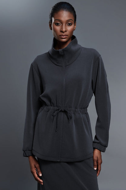 Air Layer Stand Collar Drawstring Waist Mid Length Jacket