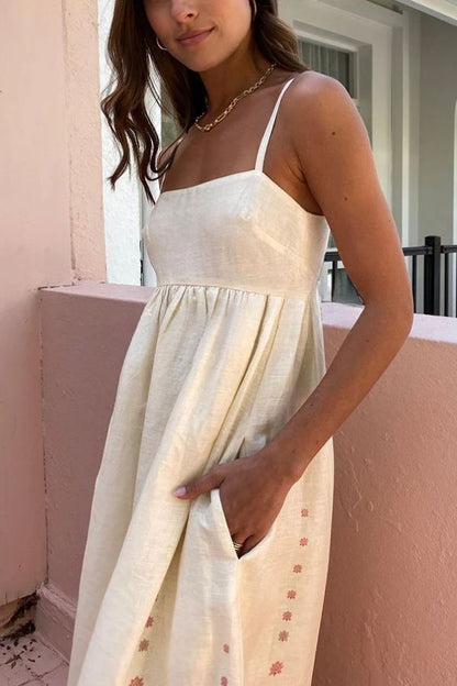 Linen Blend Floral Border Print Spaghetti Strap Empire Waist Maxi Dress